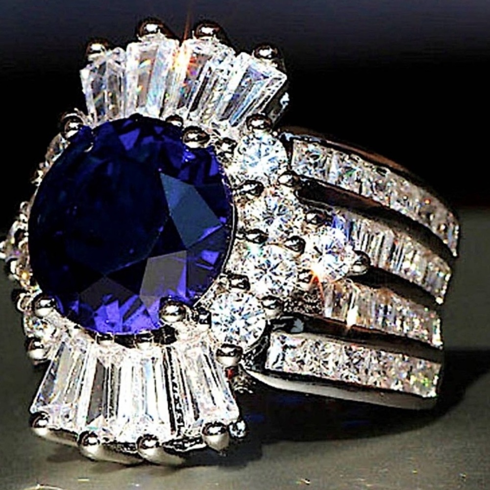 White Gold Plated Blue Sapphire Diamond Crown Simulated Ring